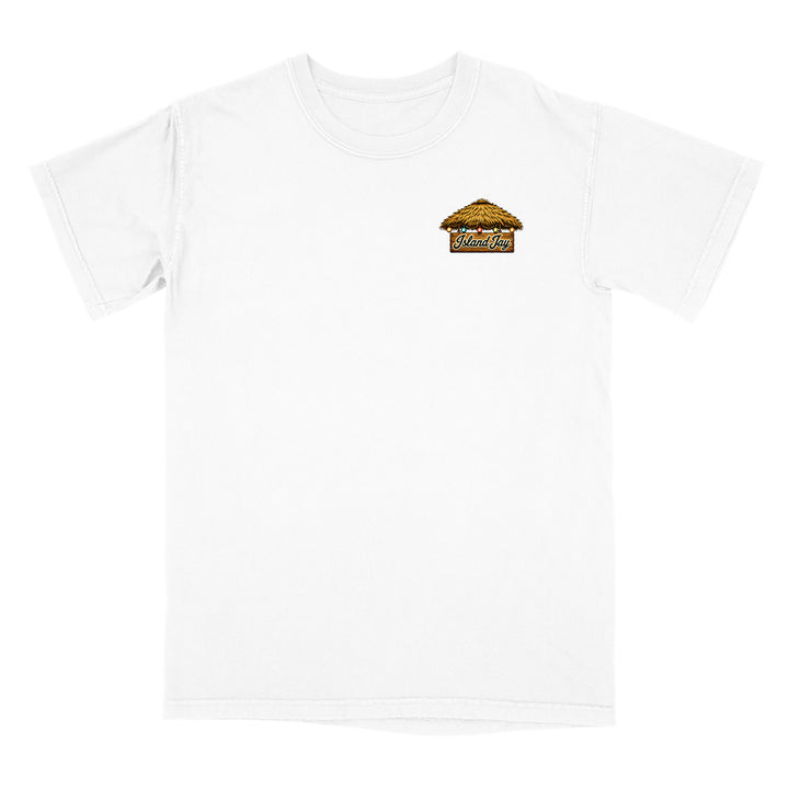 A white short-sleeve crewneck t-shirt with a small graphic on the left chest depicting a thatched-roof hut with the word 'Wanderers' written below it.