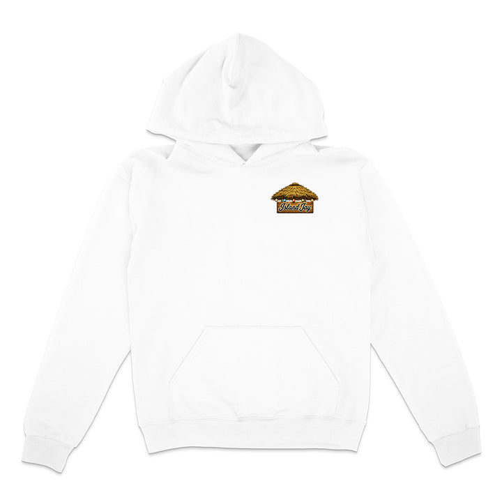 A white pullover hoodie with a small graphic print of a thatched-roof house on the left chest, displayed on a clean white background.