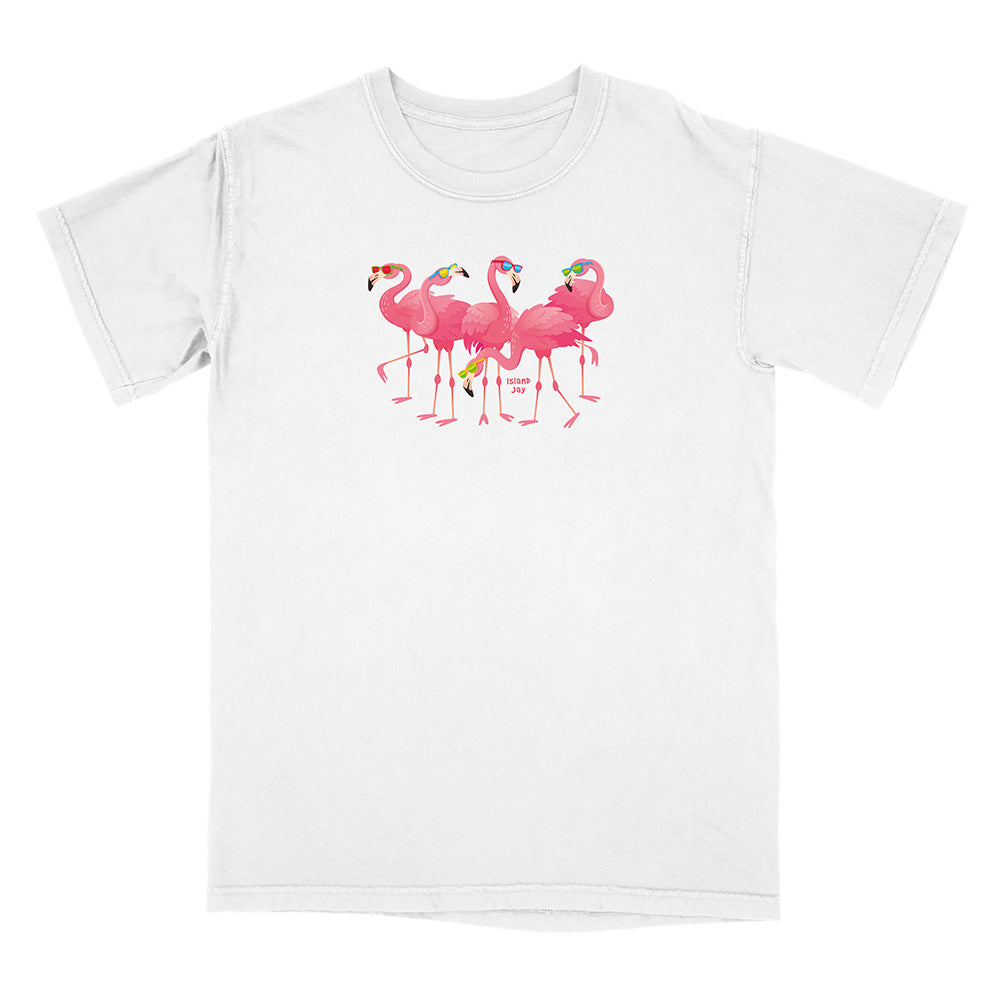 White t-shirt with pink flamingo design on a white background