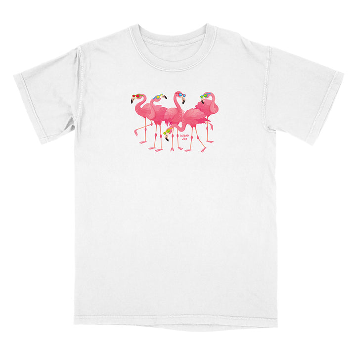 White t-shirt with pink flamingo design on a white background