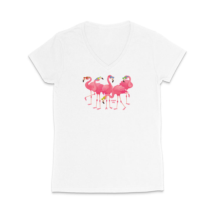 White t-shirt with pink flamingo design on a white background