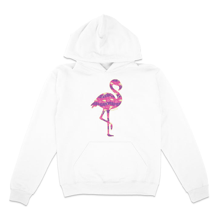 White hoodie with a colorful flamingo design on a white background.