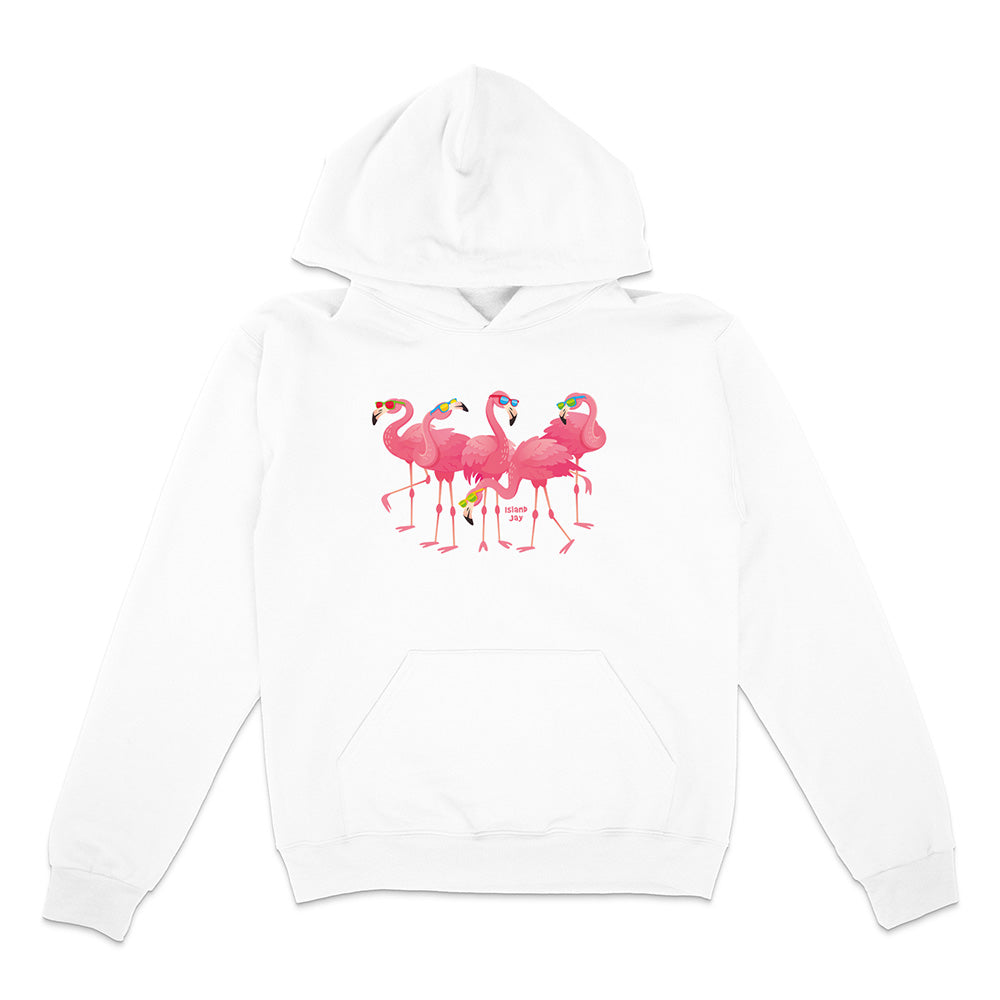 White hoodie with pink flamingo design on a white background
