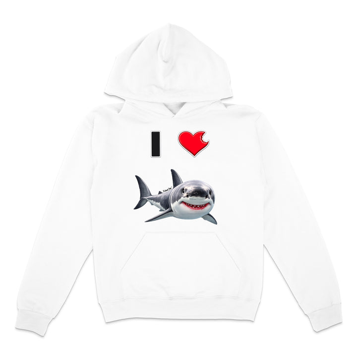 A white pullover hoodie featuring a graphic print of a great white shark and a red heart with the text 'I' above it, displayed on a clean white background.