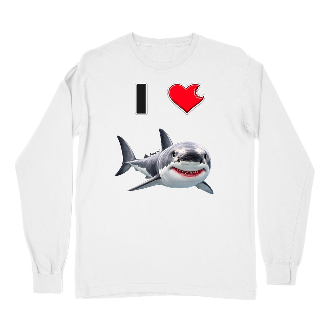A white long sleeve shirt with the phrase "I love shark" written with a heart icon graphic for the "love" and a cute shark graphic for the "Shark".