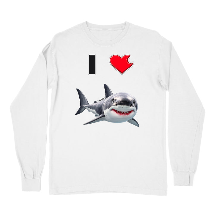 A white long sleeve shirt with the phrase "I love shark" written with a heart icon graphic for the "love" and a cute shark graphic for the "Shark".