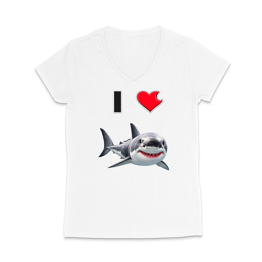 A white short-sleeve V-neck T-shirt with a graphic print of a gray shark and the text 'I' followed by a red heart, displayed on a clean white background.