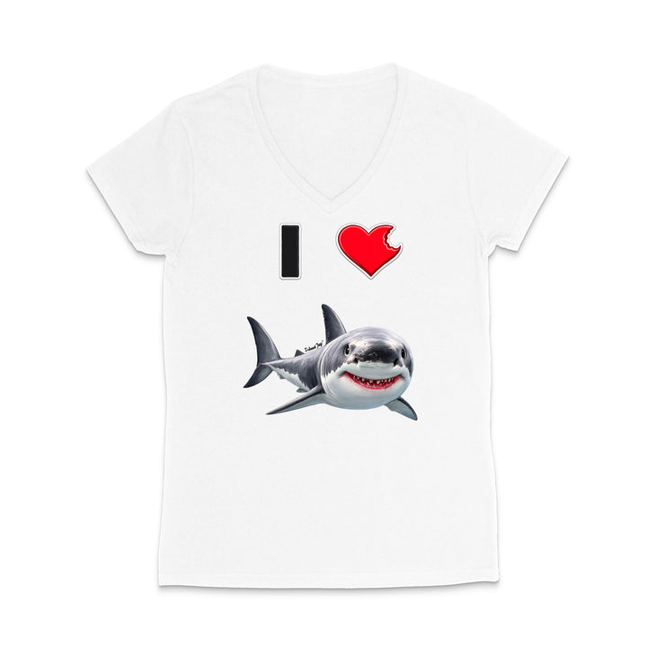 A white short-sleeve V-neck T-shirt with a graphic print of a gray shark and the text 'I' followed by a red heart, displayed on a clean white background.