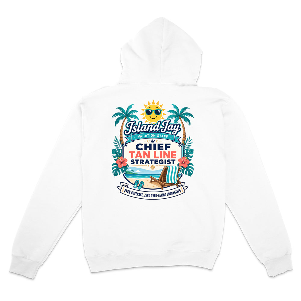 A white pullover hoodie shown from the back, featuring a colorful graphic print with palm trees, a smiling sun, a beach chair, and the text 'IslandJay' and 'CHIEF TAN LINE STRATEGIST'.