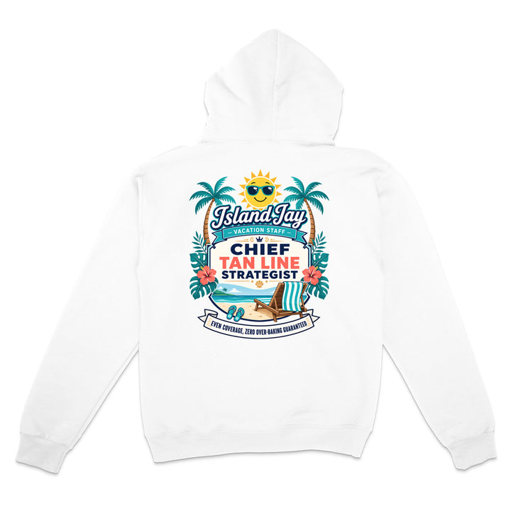 A white pullover hoodie shown from the back, featuring a colorful graphic print with palm trees, a smiling sun, a beach chair, and the text 'IslandJay' and 'CHIEF TAN LINE STRATEGIST'.