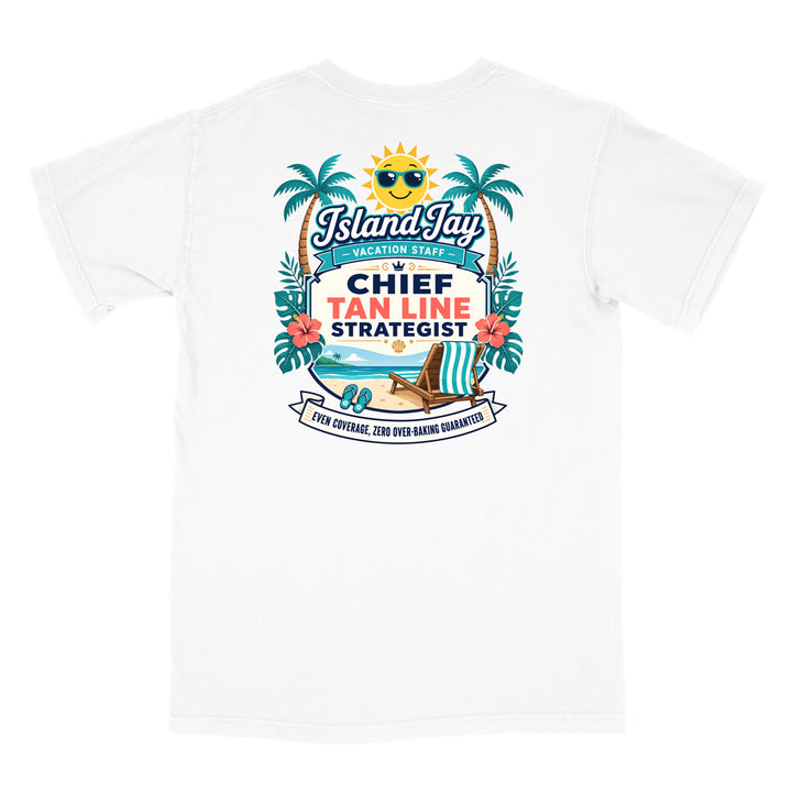 A white  short-sleeve t-shirt with a colorful graphic print on the front. The graphic features a smiling sun wearing sunglasses, palm trees, a beach scene, and text that reads 'Island Jay Vacation Staff by CHIEF TAN LINE STRATEGIST'.