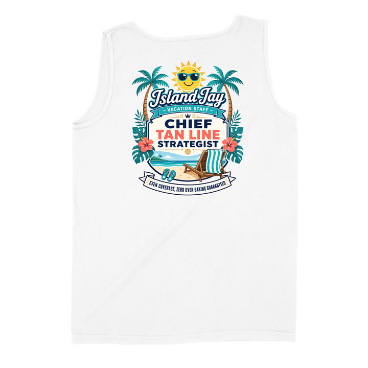 A white sleeveless tank top featuring a colorful graphic print on the front with tropical palm trees, a smiling sun, a beach chair, and the text 'Island Jay Vacation Staff' and 'CHIEF TAN LINE STRATEGIST'.