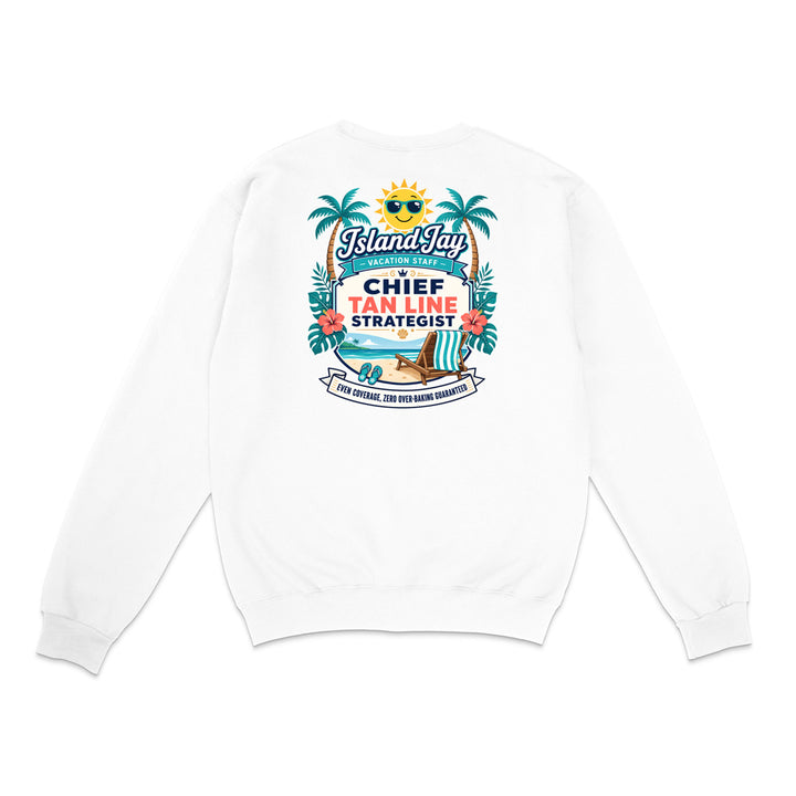A white long-sleeve crewneck sweatshirt shown from the back, featuring a colorful graphic print with palm trees, a beach umbrella, and the text 'Chief Tan Line Strategist' and 'IslandJay'.