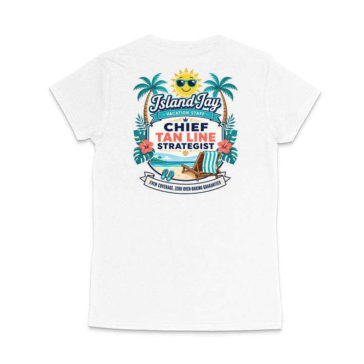 A white short-sleeve crewneck t-shirt shown from the back, featuring a colorful tropical graphic print with palm trees, a smiling sun, and text that reads 'Island Jay Chief Tan Line Strategist'.
