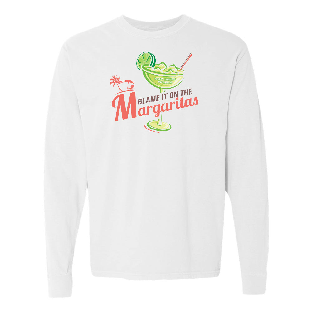 White long-sleeve shirt with a graphic design of a margarita and text on a white background