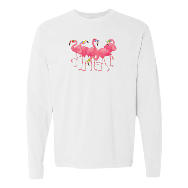 White sweatshirt with pink flamingo design on a white background