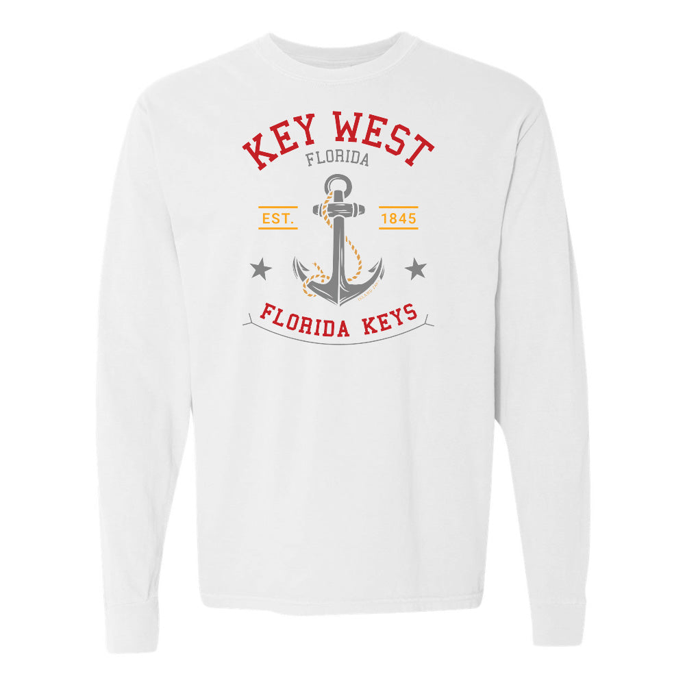White long-sleeve shirt with Key West, Florida design featuring an anchor on a white background