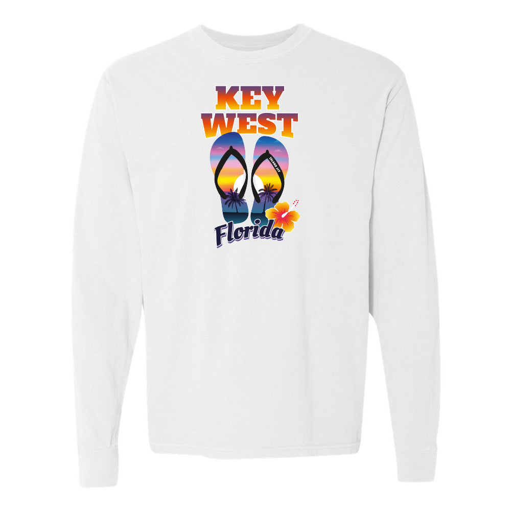 White sweatshirt with 'Key West Florida' design featuring colorful flip-flops on a white background