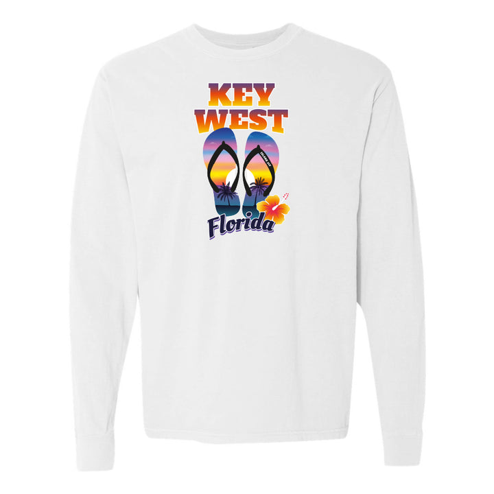 White sweatshirt with 'Key West Florida' design featuring colorful flip-flops on a white background