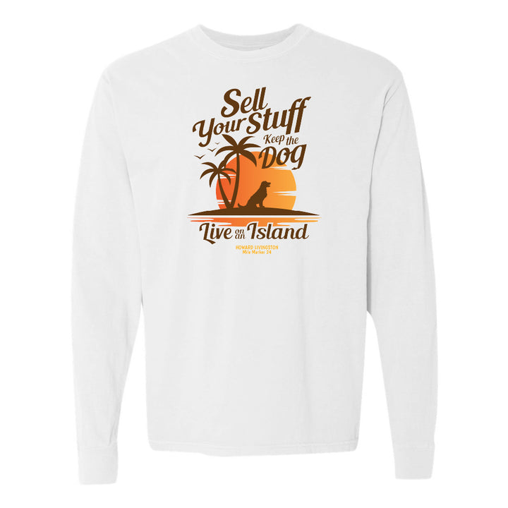 White long-sleeve shirt with a graphic design and text on a white background