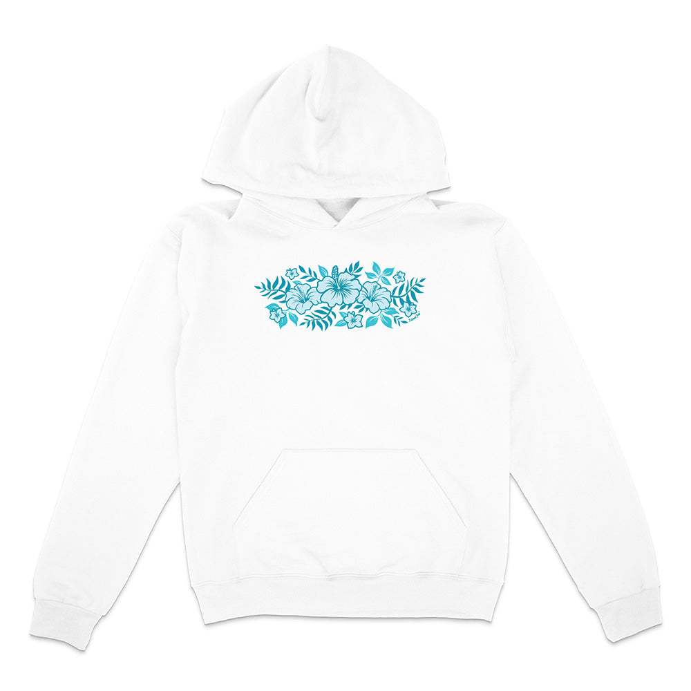 White hoodie with blue floral design on a white background