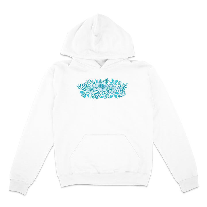 White hoodie with blue floral design on a white background