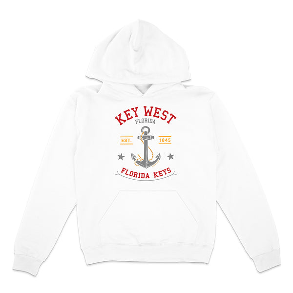 White hoodie with Key West, Florida Keys design on a white background