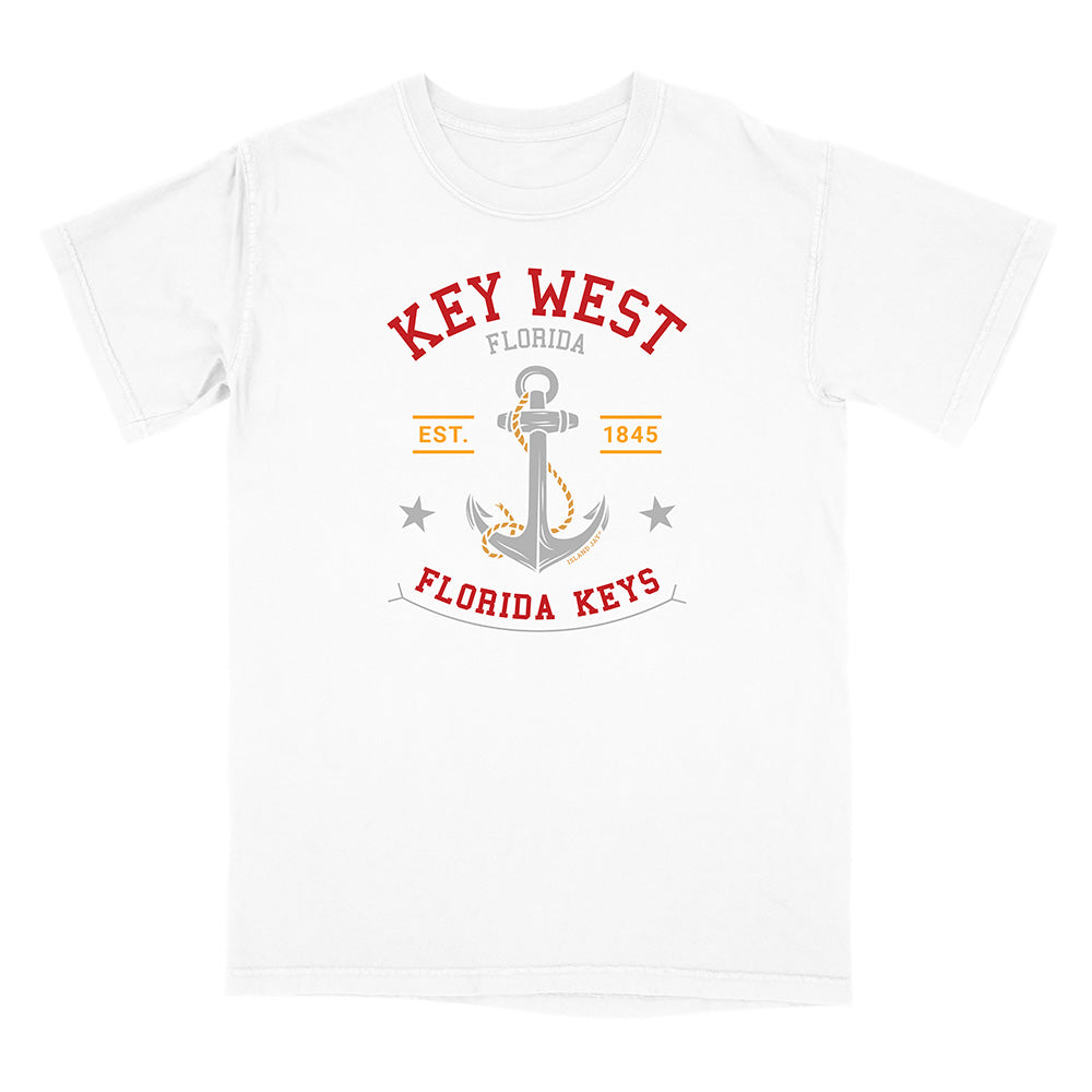 White t-shirt with Key West, Florida design featuring an anchor on a white background