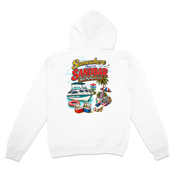 A white long-sleeve hoodie shown from the back, featuring a colorful graphic print with the text 'Somewhere in Sandbar' and a beach-themed illustration including a boat, palm tree, beach umbrella, and lounge chairs.