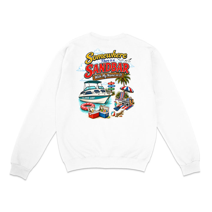 A white long-sleeve crewneck sweatshirt shown from the back, featuring a colorful graphic print with the text 'Somewhere There is a SANDBAR With My Mom and Me' and illustrations of a boat, beach umbrella, palm tree, and poolside scene.