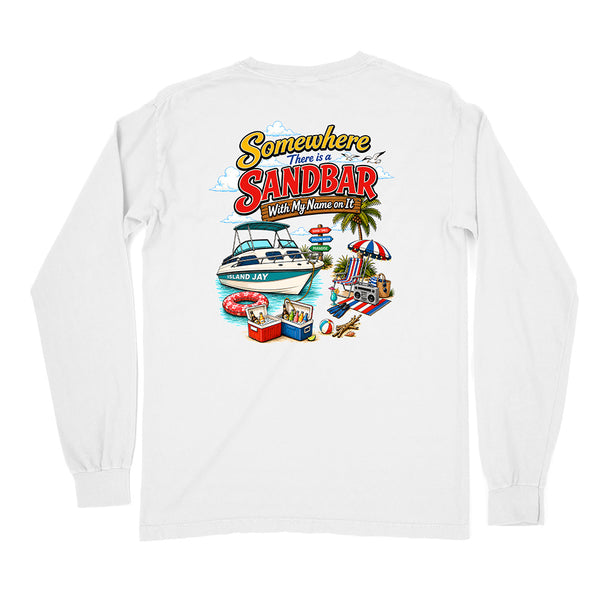 White long-sleeve t-shirt showing the back graphic print with the text 'Somewhere From the SANDBAR With My Nana on Us' and a colorful beach-themed illustration.