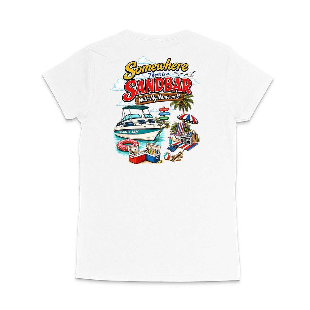 A white short-sleeve t-shirt shown from the back, featuring a colorful graphic print with the text 'Somewhere There Is A Sandbar' and a beach scene illustration.