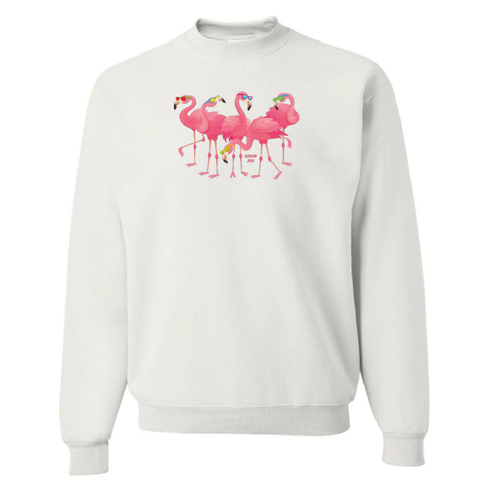 White sweatshirt with pink flamingo design on a white background