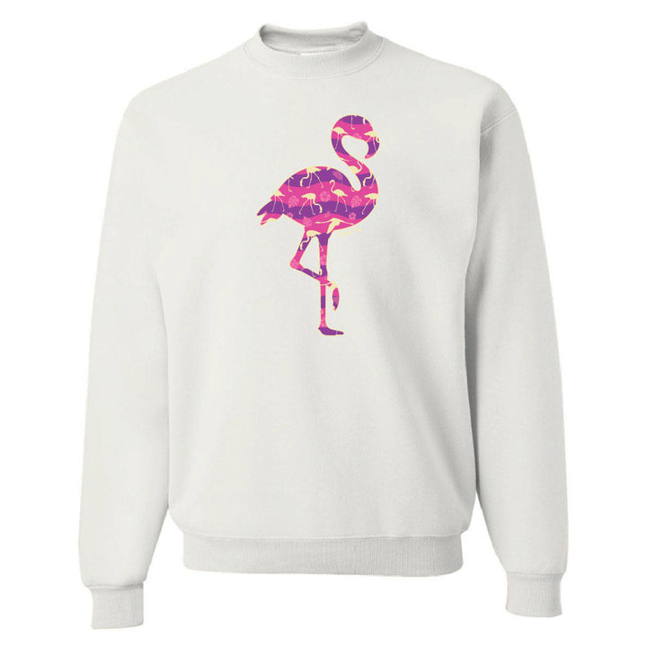 White sweatshirt with a colorful flamingo design on a white background