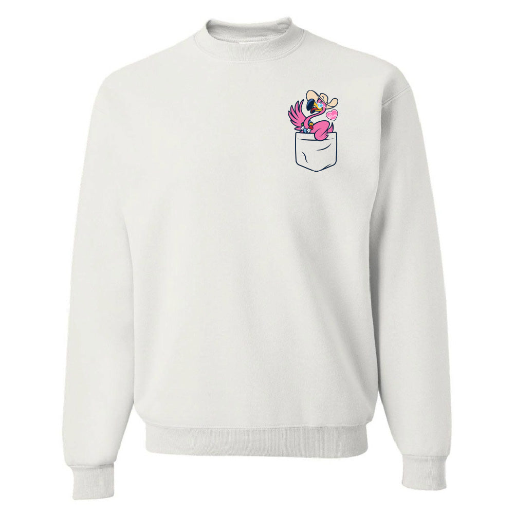 White sweatshirt with a graphic of a pocket with flowers on a white background