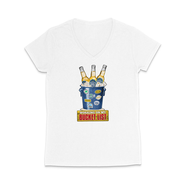 White t-shirt with a graphic of a beer bucket with graphic text reading 'Working on my Bucket List' on a white background.
