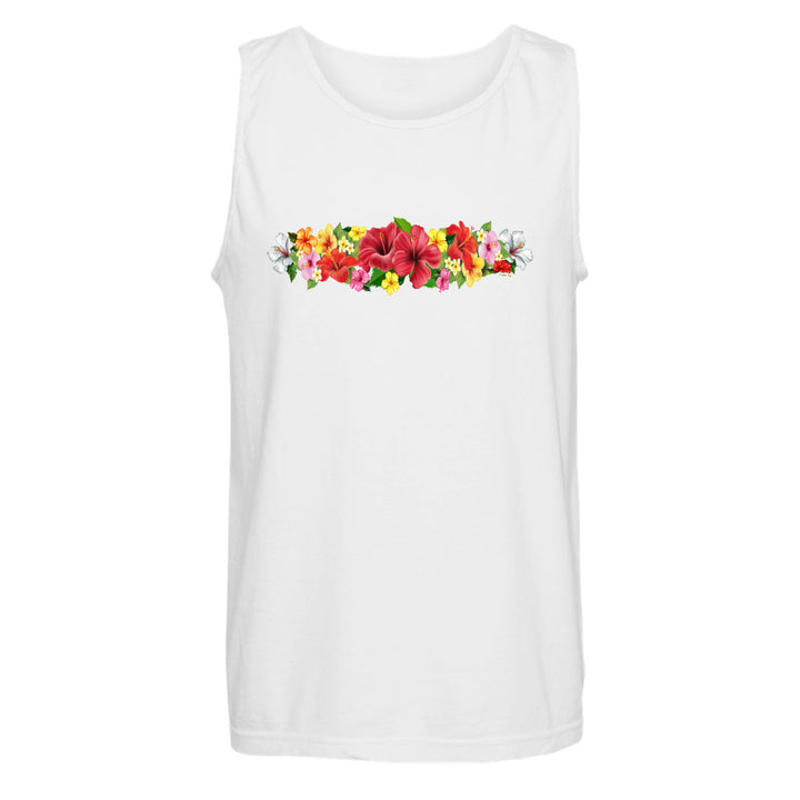 White tank top with colorful floral design on a white background