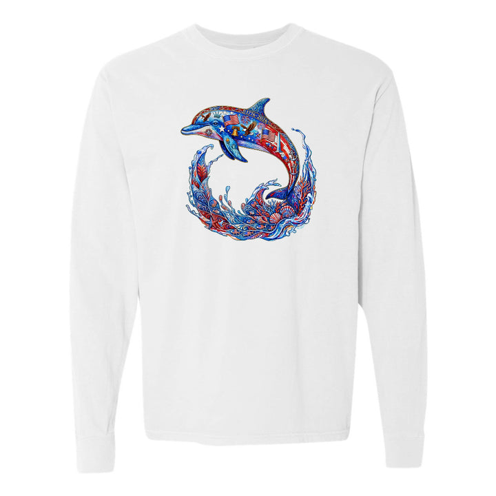 White long-sleeve shirt with a colorful dolphin design on a white background