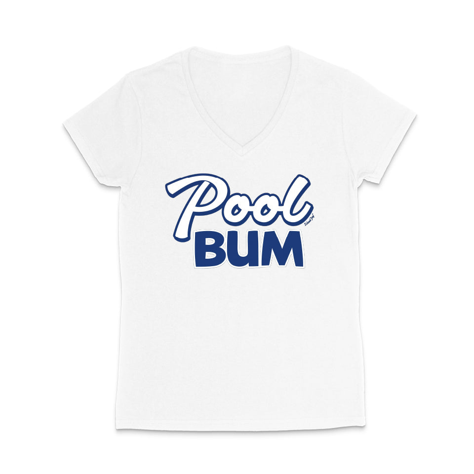 White t-shirt with 'Pool Bum' text in blue on a white background