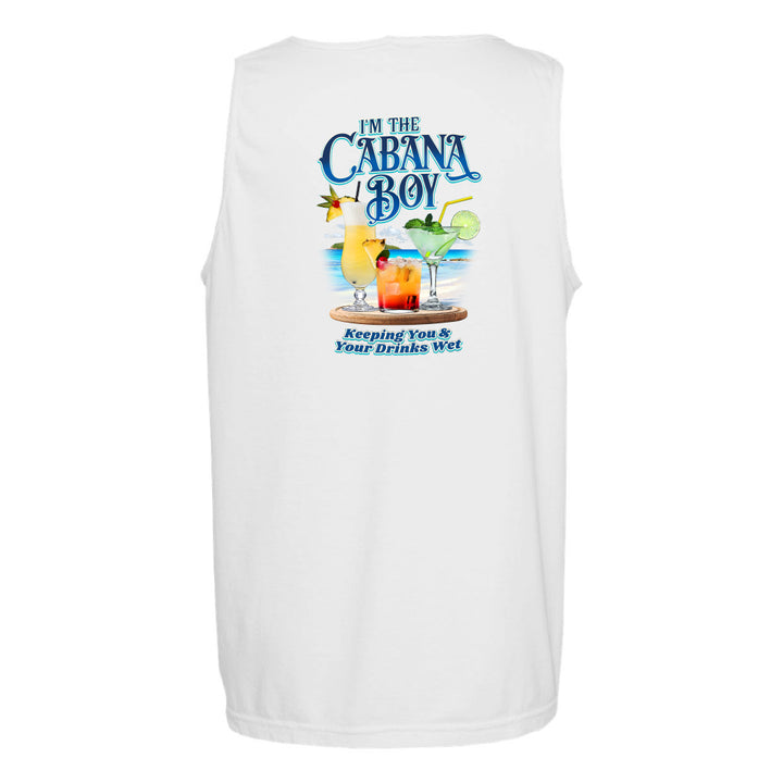 White sleeveless tank top with a colorful graphic on the front reading 'I'M THE CABANA BOY' and 'Keeping You & Your Drinks Wet' with cocktail illustrations.