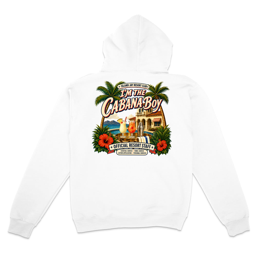 A white pullover hoodie shown from the back, featuring a large, colorful retro-style graphic print with palm trees, hibiscus flowers, a resort building, and the text 'I'M THE CABANA-BOY' and 'OFFICIAL RESORT STAFF'.