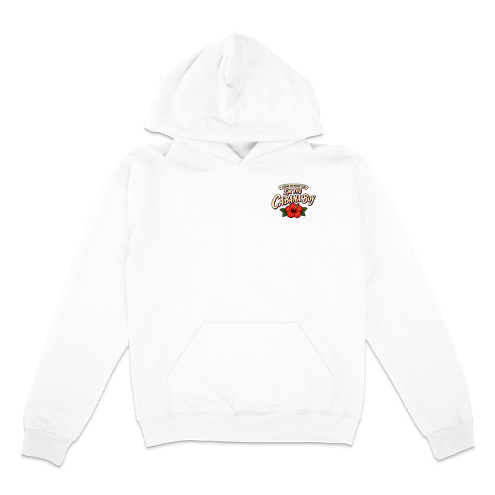A white pullover hoodie with a small red and yellow graphic on the left chest, displayed on a clean white background.