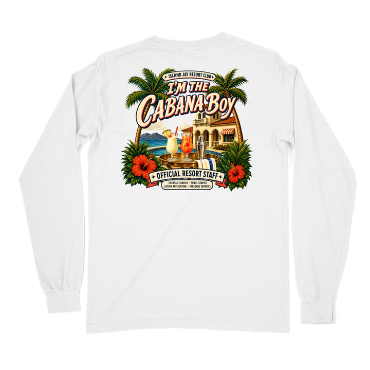 A white long-sleeve t-shirt shown from the back, featuring a large, colorful graphic print with palm trees, hibiscus flowers, a cocktail, and resort-themed text reading 'I'm The Cabana Boy' and 'Official Resort Staff'.
