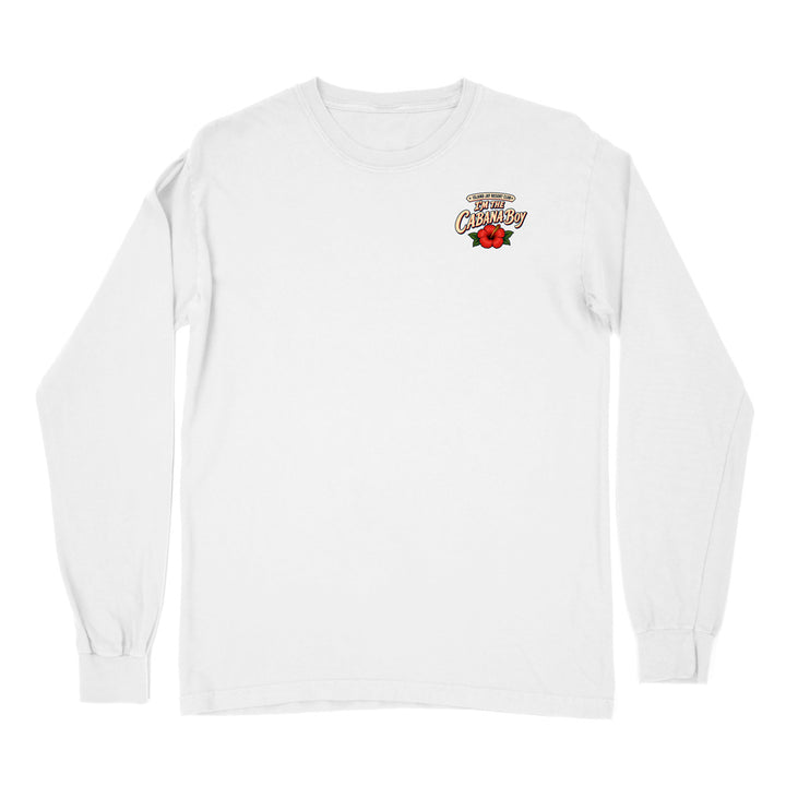 A white long-sleeve crewneck t-shirt with a small graphic on the left chest featuring a red rose and the text 'The Best Cowboys in California'.