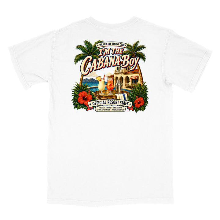A white short-sleeve crewneck t-shirt featuring a colorful graphic print on the front. The graphic includes palm trees, red hibiscus flowers, a resort building, cocktails, and the text 'I'm the Cabana Boy' and 'Official Resort Staff'.