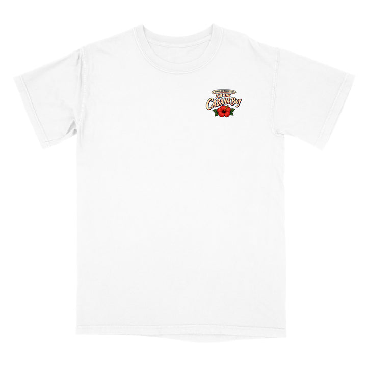 A white short-sleeve crewneck t-shirt with a small graphic on the left chest featuring the words 'BEST CREATION' in a stylized font above a red rose, displayed on a clean white background.