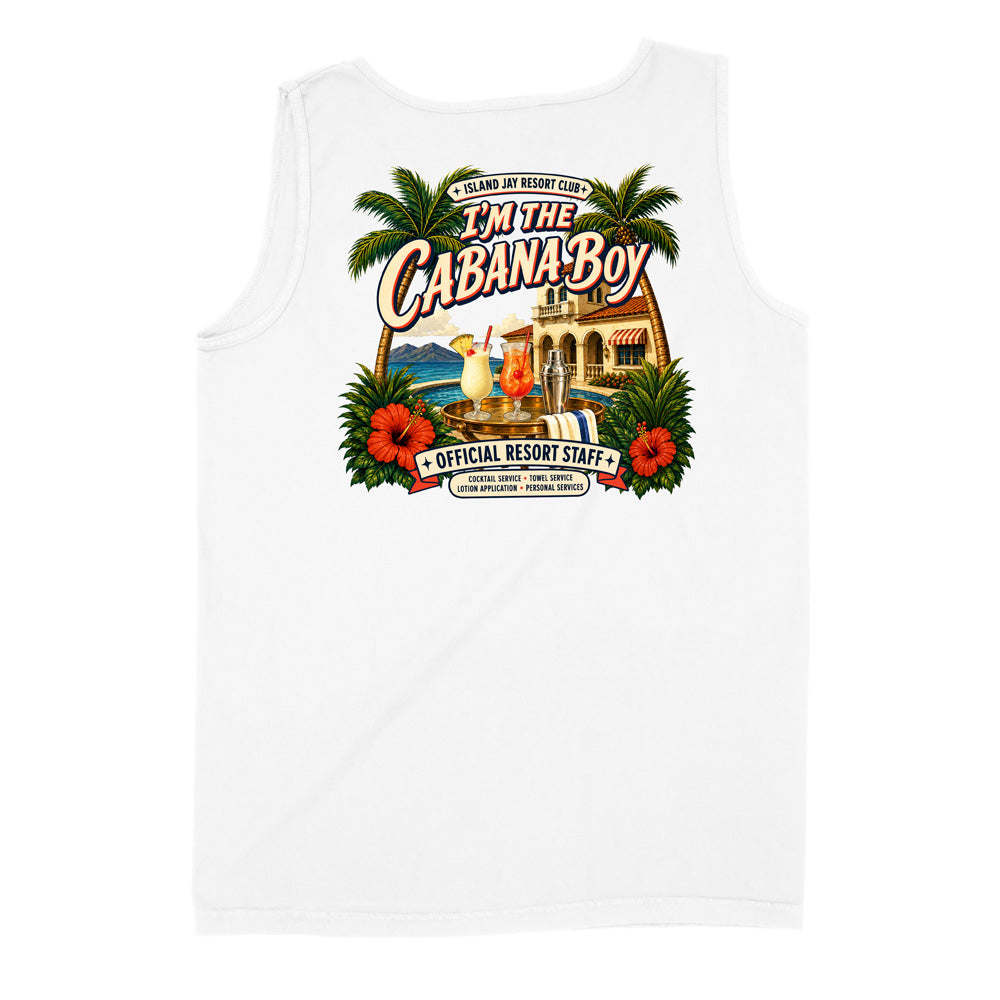 A white sleeveless tank top with a colorful retro-style graphic on the front. The graphic features palm trees, hibiscus flowers, cocktails, a resort building, and the text 'I'M THE CABANA-BOY' and 'OFFICIAL RESORT STAFF'.