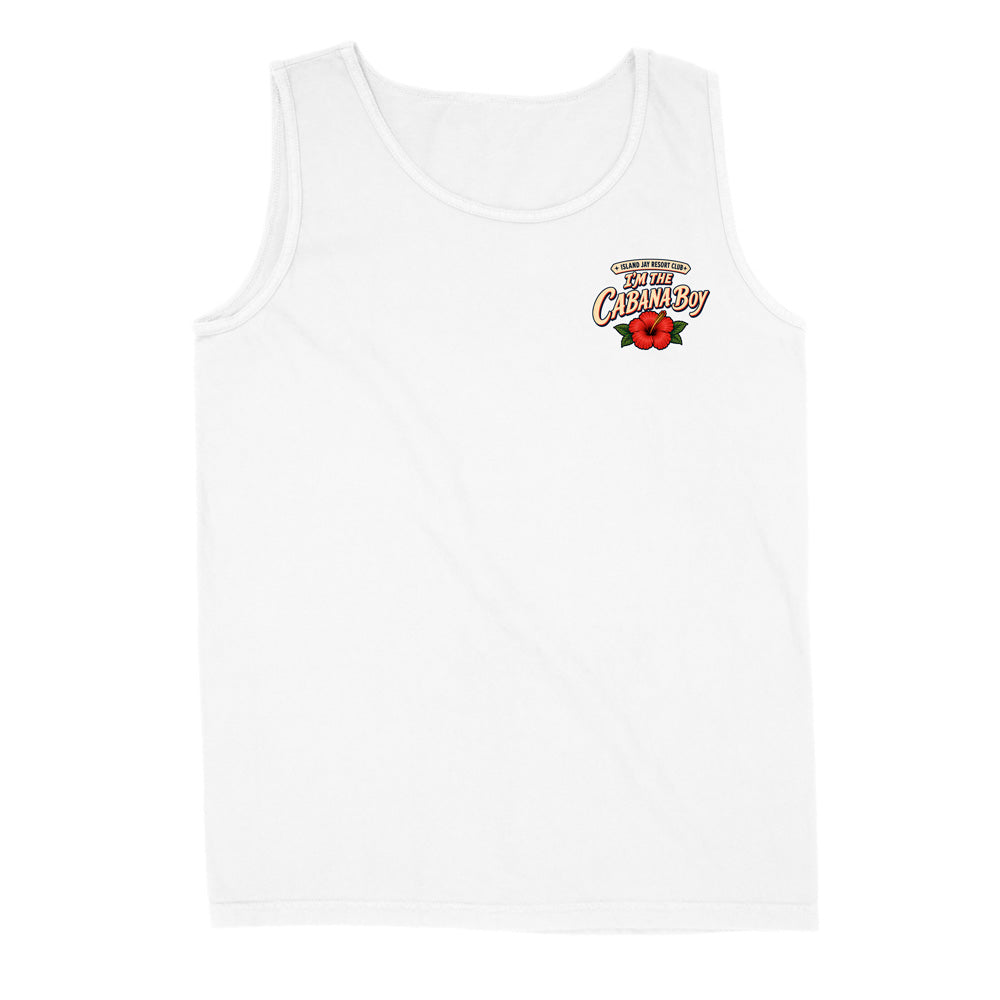 A white sleeveless tank top with a small 'The Chubbzy' graphic printed on the left chest, featuring a red cartoon bear and gold lettering, shown against a plain white background.