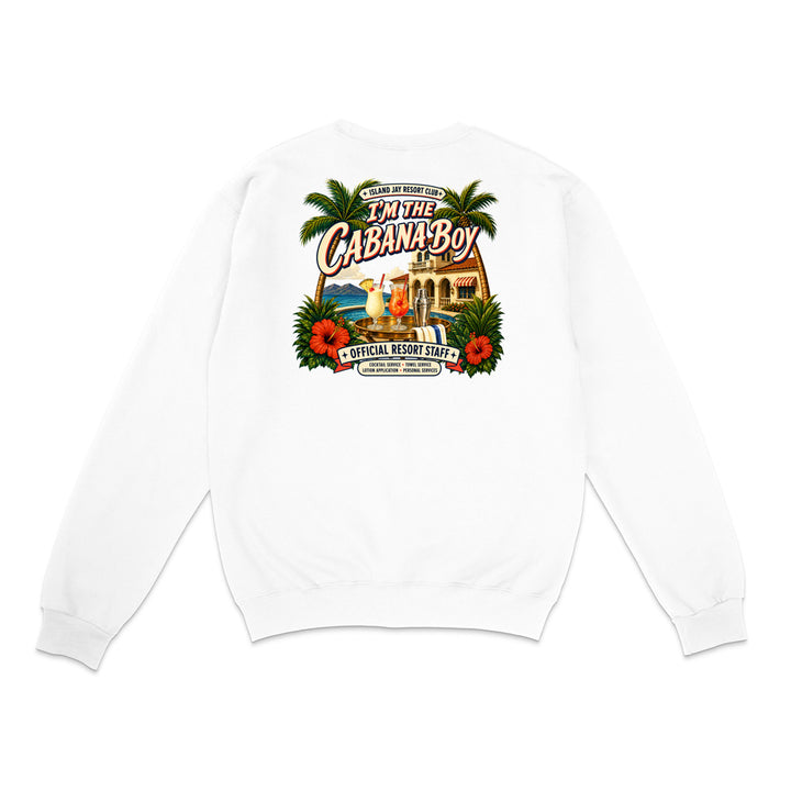 A white crewneck sweatshirt shown from the back, featuring a large, colorful graphic print with palm trees, red hibiscus flowers, and a resort illustration with the text 'JAZZ AT THE CABANA BOY'.