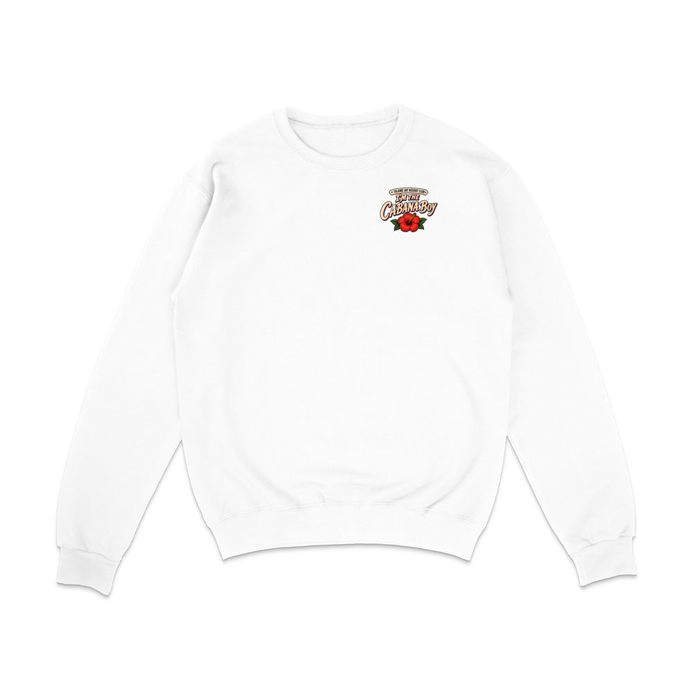 A white crewneck sweatshirt with a small graphic on the left chest featuring the text 'Terry's Coffee Shop' in a retro font above a red rose, displayed on a clean white background.